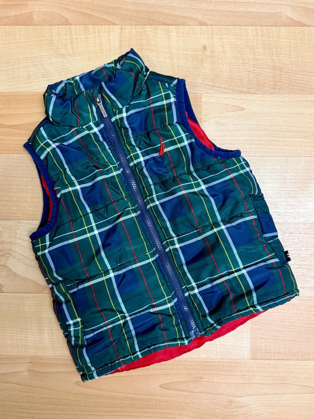 Nautica Green & Blue Plaid Puffer Vest with Red Lining